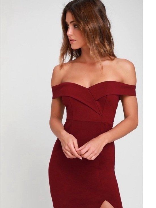 Lulus Dresses & Skirts - Lulu's Classic Glam Off-the-Shoulder Bodycon Slit Dress. Wine. Size Small